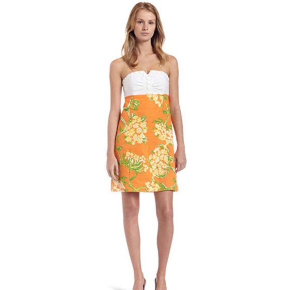 Lilly Pulitzer Strapless Orange & White Floral Dress - Size 6